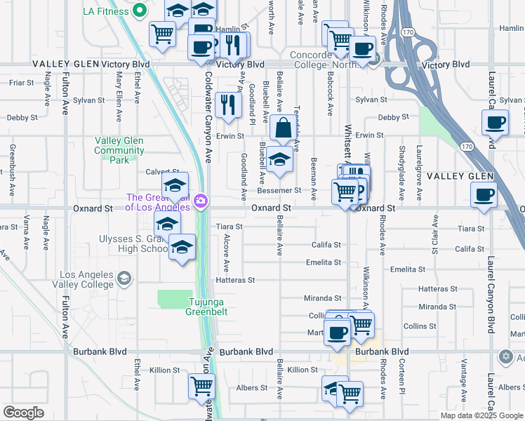 map of restaurants, bars, coffee shops, grocery stores, and more near 12720 Oxnard Street in Los Angeles