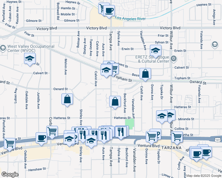 map of restaurants, bars, coffee shops, grocery stores, and more near 5959 Tampa Avenue in Los Angeles