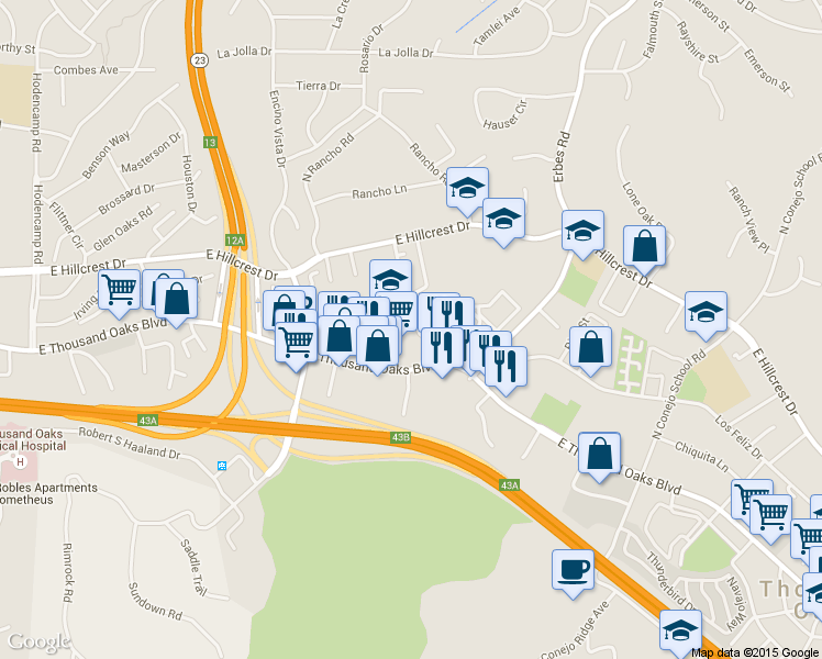 map of restaurants, bars, coffee shops, grocery stores, and more near 81 Maegan Place in Thousand Oaks