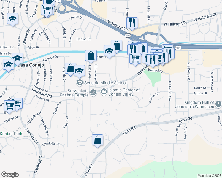 map of restaurants, bars, coffee shops, grocery stores, and more near 39 Herringbone Court in Thousand Oaks