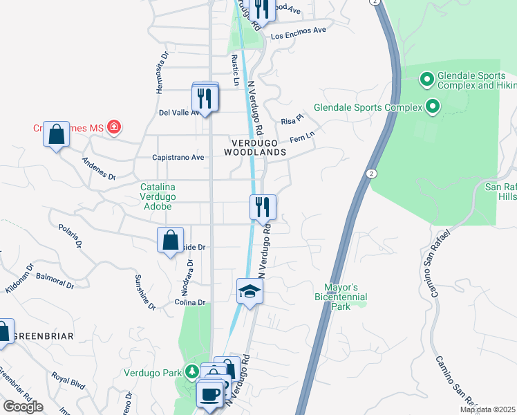 map of restaurants, bars, coffee shops, grocery stores, and more near 2121 North Verdugo Road in Glendale