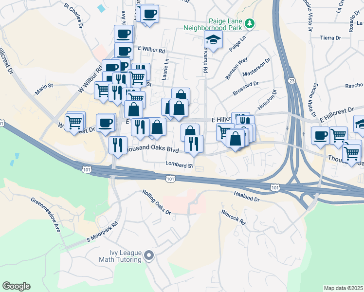 map of restaurants, bars, coffee shops, grocery stores, and more near 389 Thousand Oaks Boulevard in Thousand Oaks