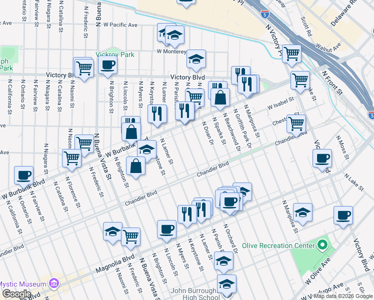 map of restaurants, bars, coffee shops, grocery stores, and more near 899 North Orchard Drive in Burbank