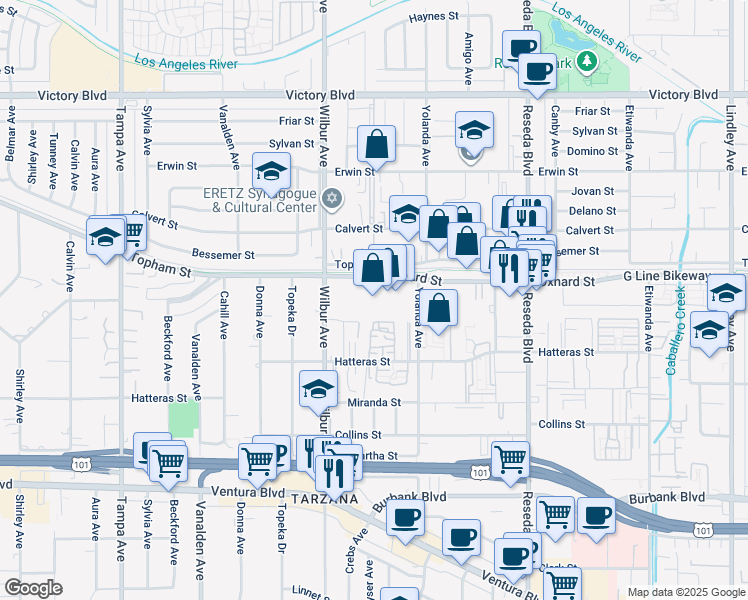 map of restaurants, bars, coffee shops, grocery stores, and more near 18730 West Oxnard Street in Los Angeles