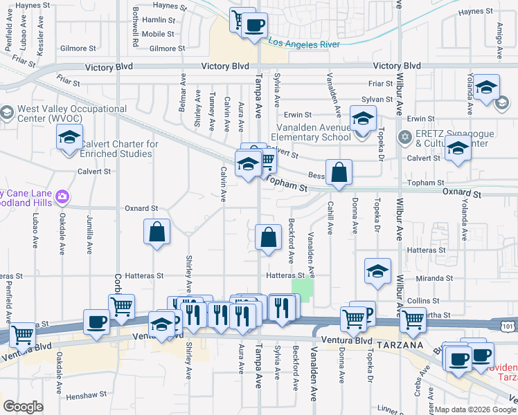 map of restaurants, bars, coffee shops, grocery stores, and more near 5959 Tampa Avenue in Los Angeles