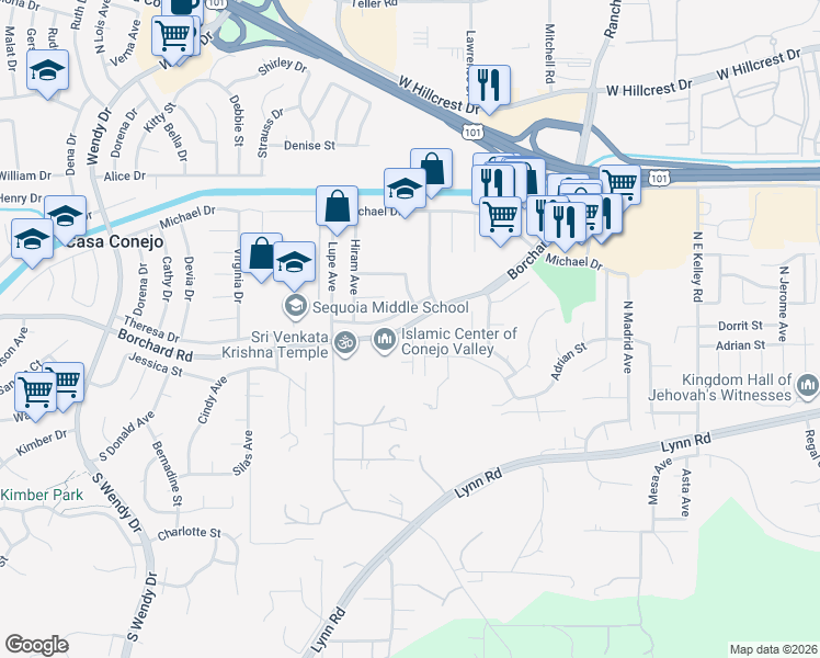 map of restaurants, bars, coffee shops, grocery stores, and more near 39 Herringbone Court in Thousand Oaks
