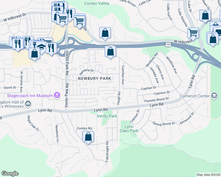 map of restaurants, bars, coffee shops, grocery stores, and more near 1044 Larry Court in Thousand Oaks