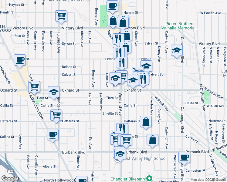 map of restaurants, bars, coffee shops, grocery stores, and more near 11020 Oxnard Street in Los Angeles