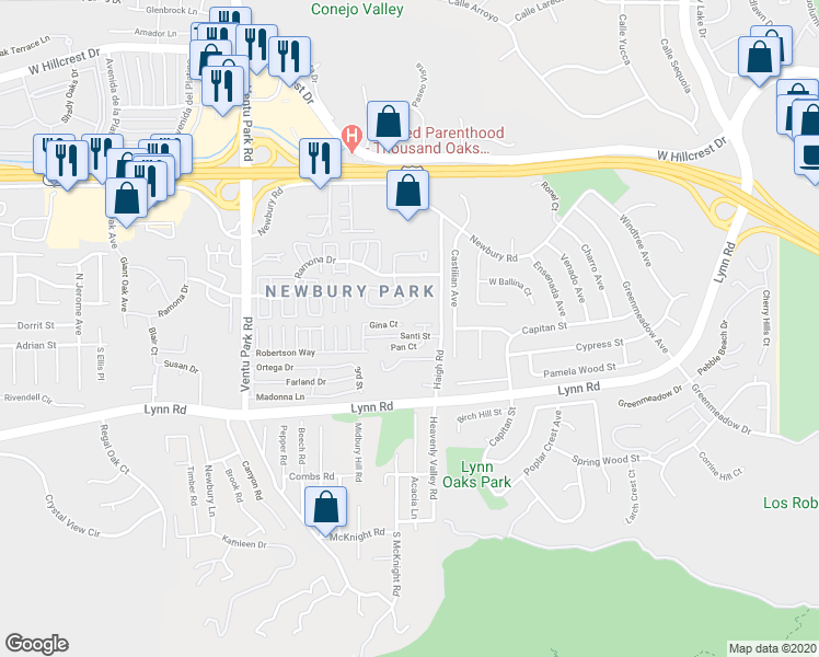 map of restaurants, bars, coffee shops, grocery stores, and more near 1044 Larry Court in Thousand Oaks