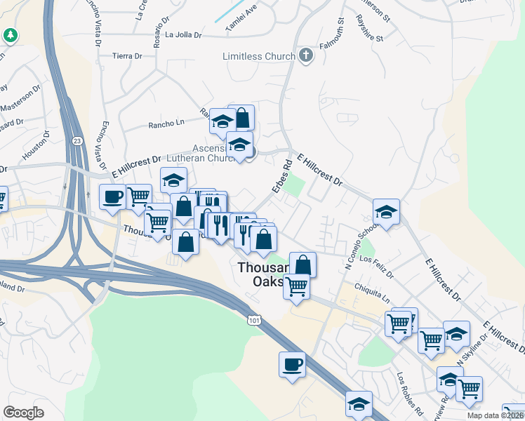 map of restaurants, bars, coffee shops, grocery stores, and more near 170 Erbes Road in Thousand Oaks