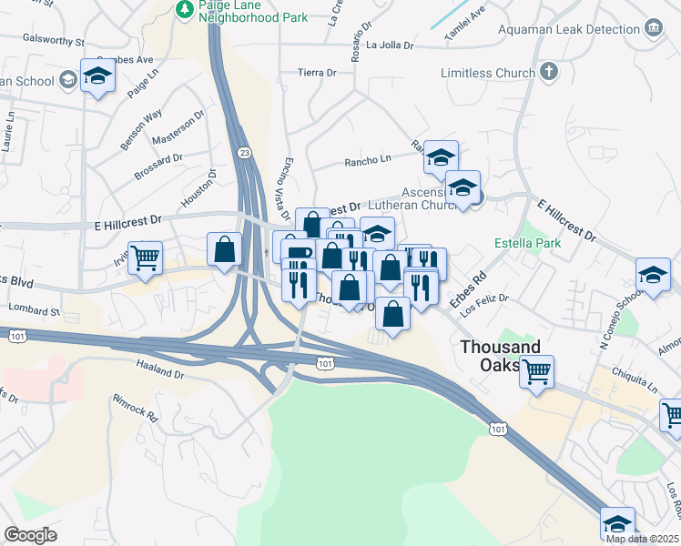 map of restaurants, bars, coffee shops, grocery stores, and more near 1265 Thousand Oaks Boulevard in Thousand Oaks