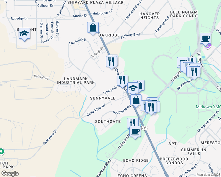 map of restaurants, bars, coffee shops, grocery stores, and more near 18 Sunnyvale Drive in Wilmington