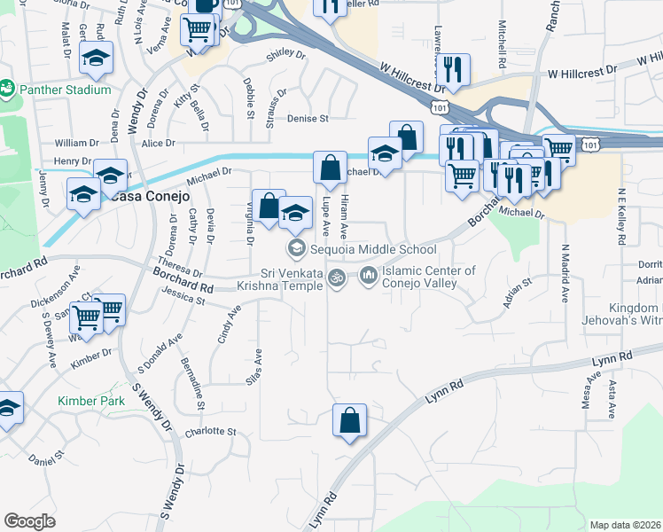 map of restaurants, bars, coffee shops, grocery stores, and more near 90 Lupe Avenue in Thousand Oaks