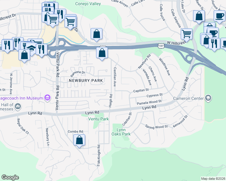 map of restaurants, bars, coffee shops, grocery stores, and more near 87 Castilian Avenue in Thousand Oaks