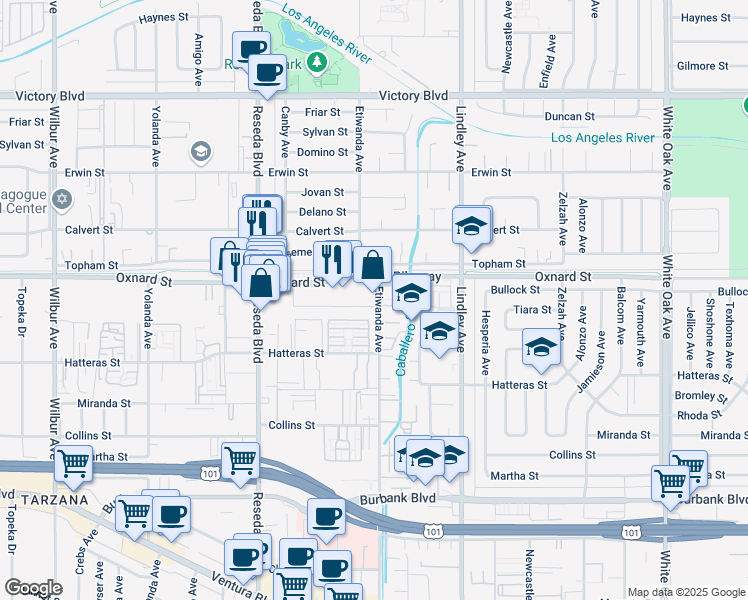 map of restaurants, bars, coffee shops, grocery stores, and more near 6023 Etiwanda Avenue in Los Angeles