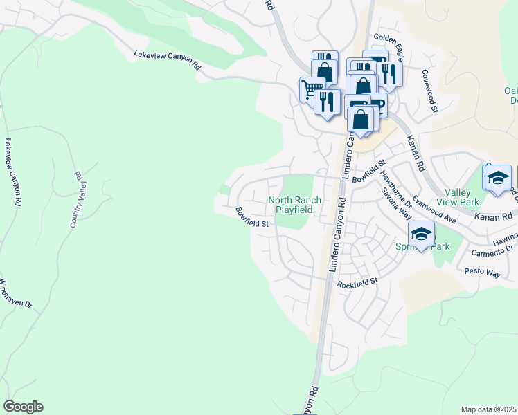 map of restaurants, bars, coffee shops, grocery stores, and more near 5562 Ridgeway Court in Westlake Village