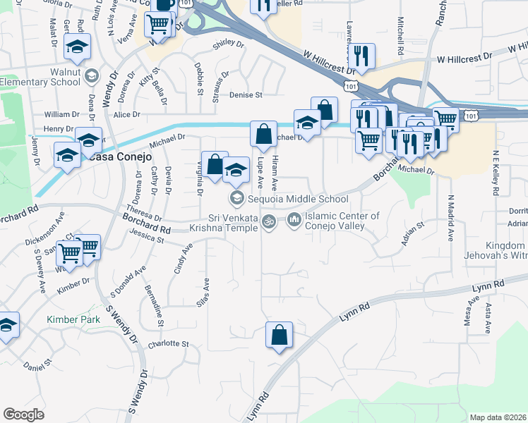 map of restaurants, bars, coffee shops, grocery stores, and more near 90 Lupe Avenue in Thousand Oaks