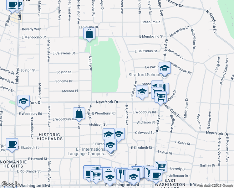 map of restaurants, bars, coffee shops, grocery stores, and more near 1578 Morada Place in Altadena
