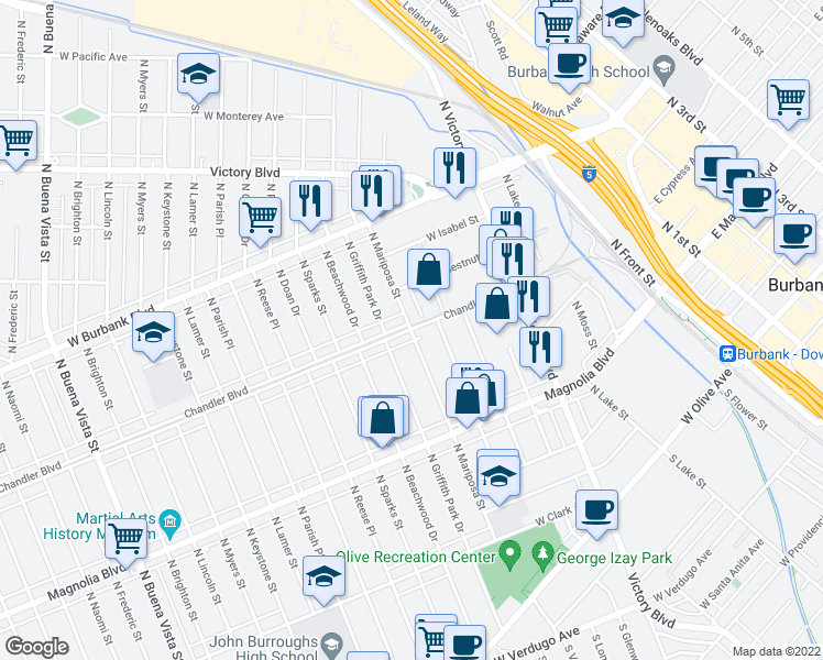 map of restaurants, bars, coffee shops, grocery stores, and more near North Mariposa Street in Burbank