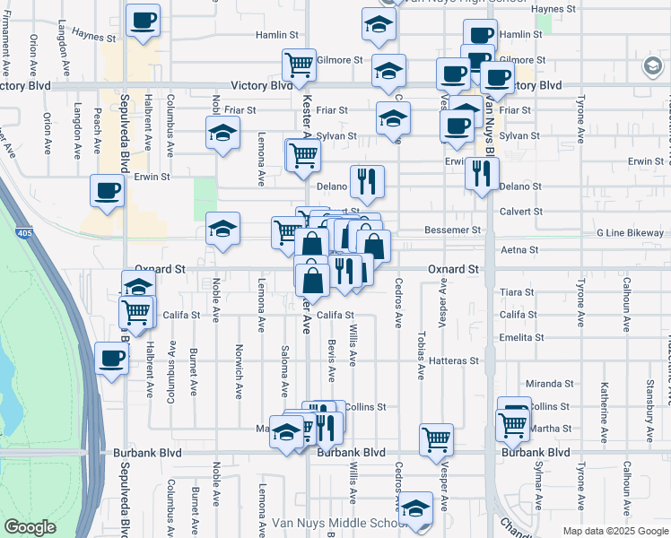 map of restaurants, bars, coffee shops, grocery stores, and more near 14823 Oxnard St in Los Angeles