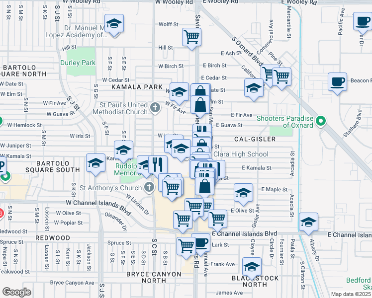 map of restaurants, bars, coffee shops, grocery stores, and more near 2055 Saviers Road in Oxnard