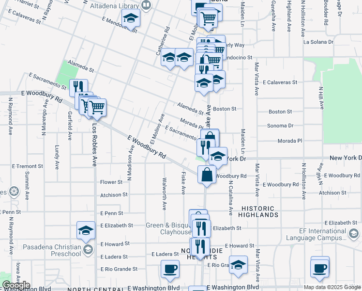 map of restaurants, bars, coffee shops, grocery stores, and more near 797 New York Drive in Altadena