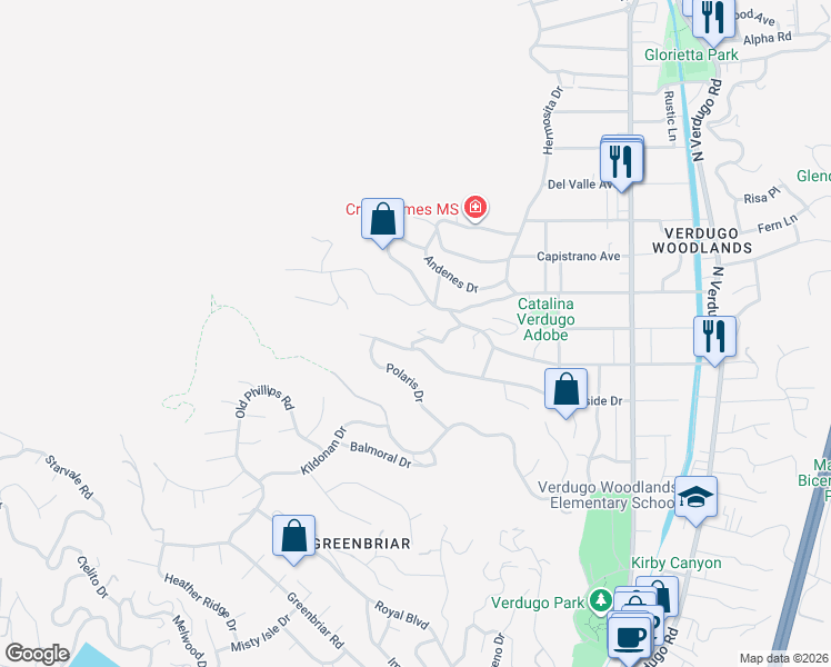 map of restaurants, bars, coffee shops, grocery stores, and more near 1400 Branta Drive in Glendale