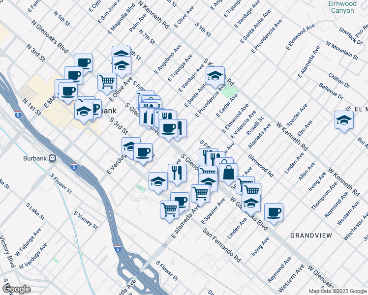 map of restaurants, bars, coffee shops, grocery stores, and more near 607 East Cedar Avenue in Burbank