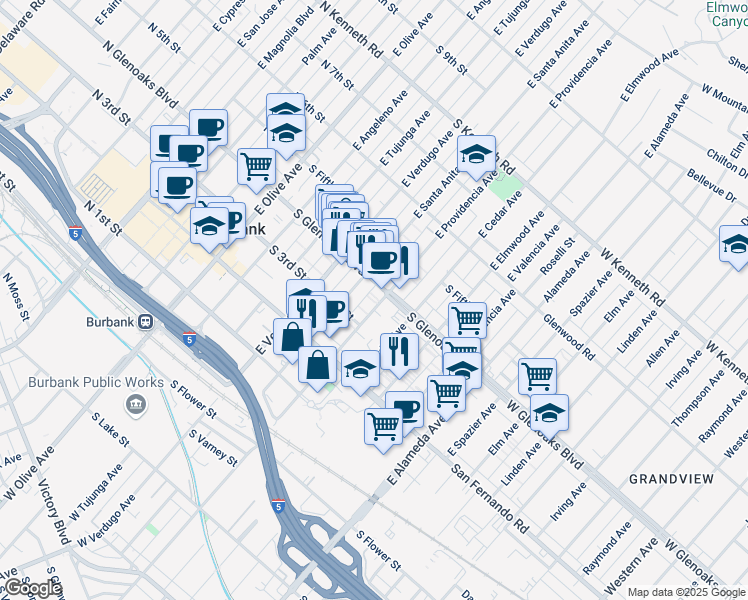map of restaurants, bars, coffee shops, grocery stores, and more near 337 East Providencia Avenue in Burbank