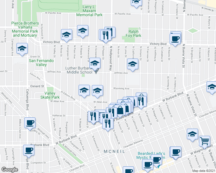 map of restaurants, bars, coffee shops, grocery stores, and more near 1640 North Pepper Street in Burbank