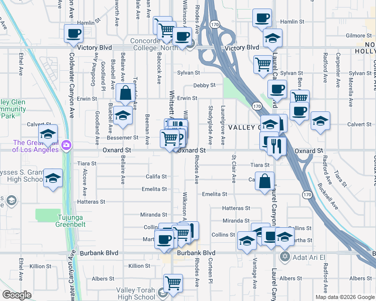 map of restaurants, bars, coffee shops, grocery stores, and more near 5960 Wilkinson Avenue in Los Angeles