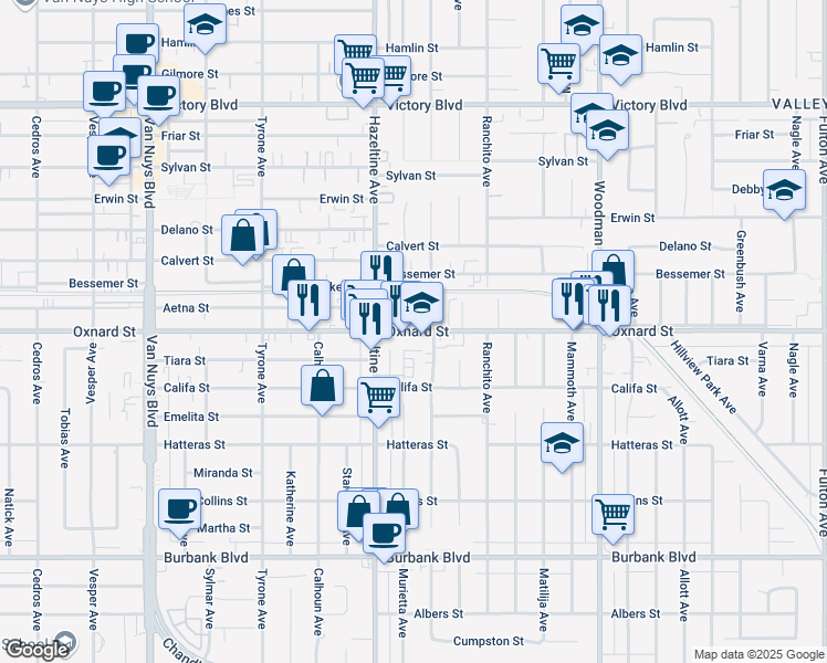 map of restaurants, bars, coffee shops, grocery stores, and more near 14026 Oxnard Street in Los Angeles