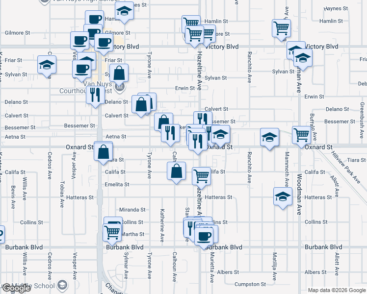 map of restaurants, bars, coffee shops, grocery stores, and more near 14136 Oxnard Street in Los Angeles