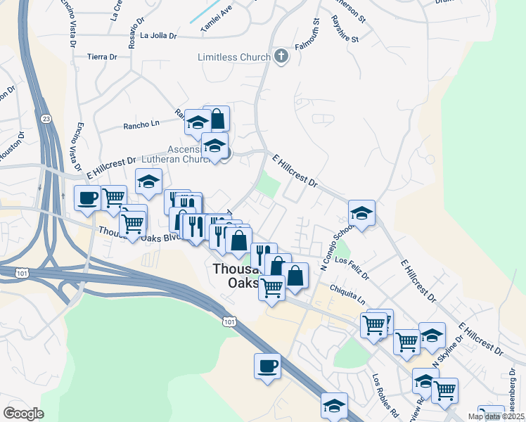map of restaurants, bars, coffee shops, grocery stores, and more near 220 Erbes Road in Thousand Oaks