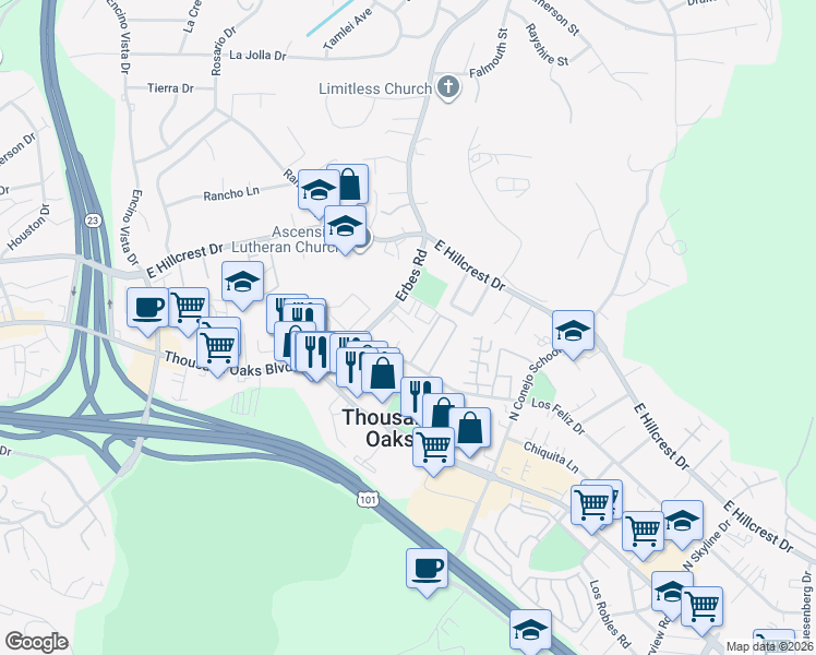 map of restaurants, bars, coffee shops, grocery stores, and more near 220 Erbes Road in Thousand Oaks