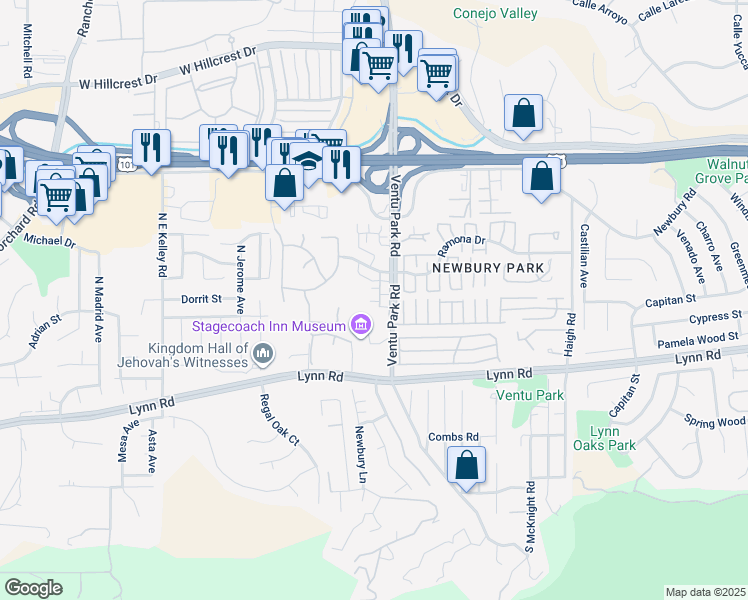 map of restaurants, bars, coffee shops, grocery stores, and more near 33 Secret Hollow Lane in Thousand Oaks