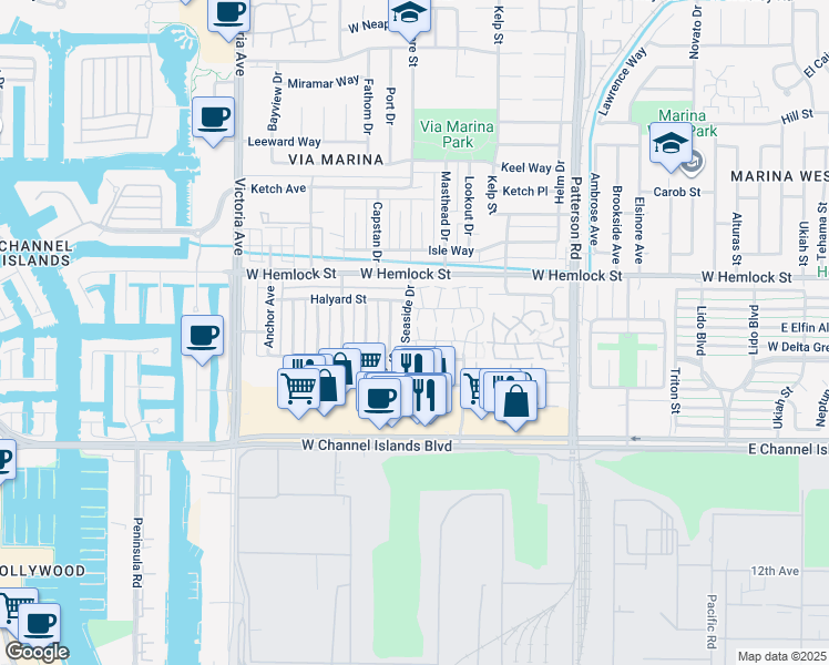 map of restaurants, bars, coffee shops, grocery stores, and more near 2573 Mariner Cove in Port Hueneme
