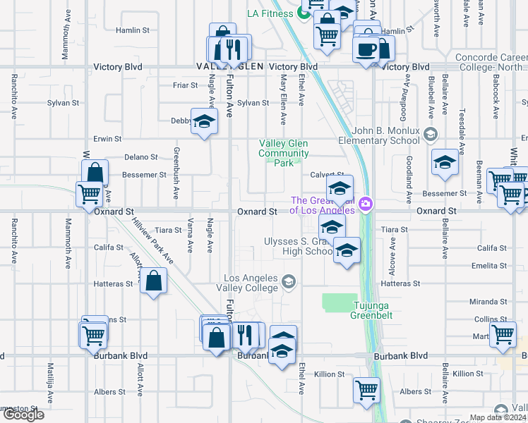 map of restaurants, bars, coffee shops, grocery stores, and more near 13202 Oxnard Street in Los Angeles