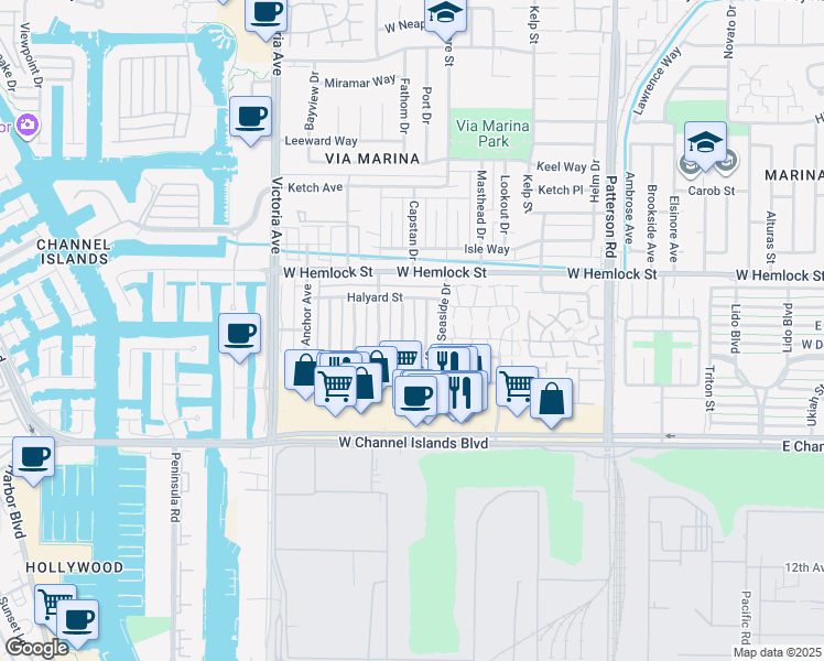 map of restaurants, bars, coffee shops, grocery stores, and more near 2573 Rudder Avenue in Port Hueneme