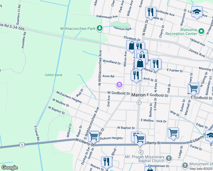 map of restaurants, bars, coffee shops, grocery stores, and more near 410 West Godbold Street in Marion