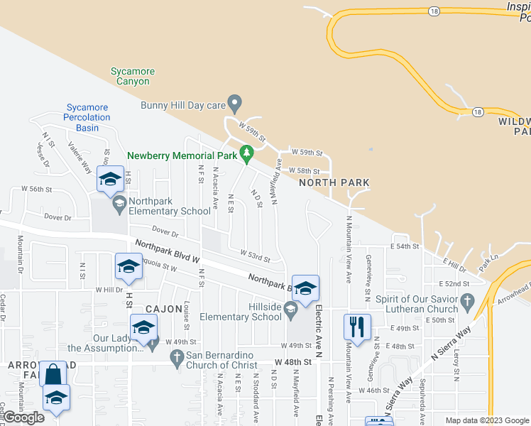 map of restaurants, bars, coffee shops, grocery stores, and more near 5551 North D Street in San Bernardino
