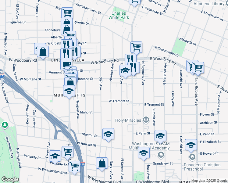 map of restaurants, bars, coffee shops, grocery stores, and more near in Pasadena