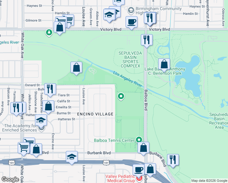map of restaurants, bars, coffee shops, grocery stores, and more near 5945 Wish Avenue in Los Angeles