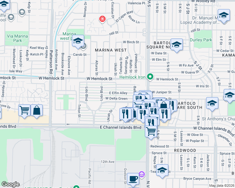 map of restaurants, bars, coffee shops, grocery stores, and more near 203 East Elfin Green in Port Hueneme