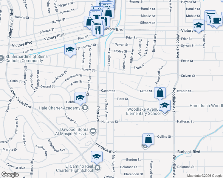 map of restaurants, bars, coffee shops, grocery stores, and more near 6001 Manton Avenue in Los Angeles