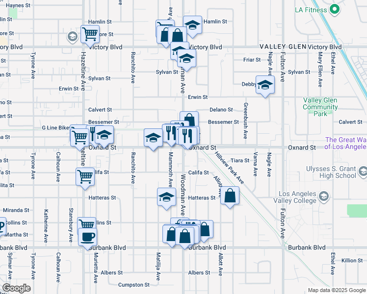 map of restaurants, bars, coffee shops, grocery stores, and more near Woodman Avenue & Oxnard Street in Los Angeles