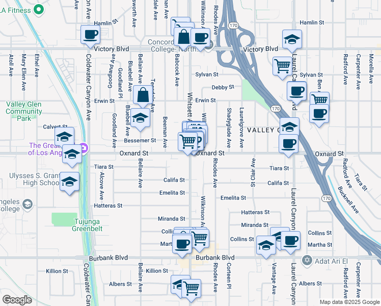 map of restaurants, bars, coffee shops, grocery stores, and more near Oxnard Street & Whitsett Avenue in Los Angeles