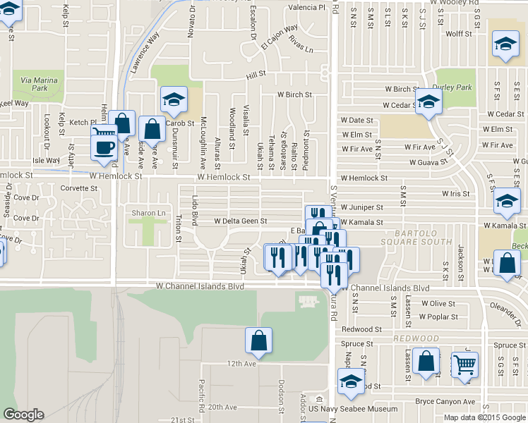 map of restaurants, bars, coffee shops, grocery stores, and more near 203 East Elfin Green in Port Hueneme