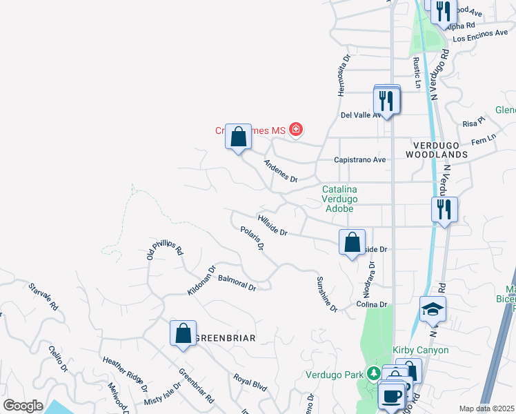 map of restaurants, bars, coffee shops, grocery stores, and more near 1400 Branta Drive in Glendale