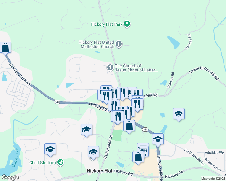 map of restaurants, bars, coffee shops, grocery stores, and more near 3333 East Cherokee Drive in Canton
